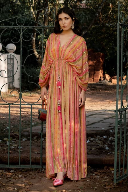 Paulmi and Harsh Multi Color Crepe Embroidered Mirror And Resham Vintage Striped Pattern Kaftan 