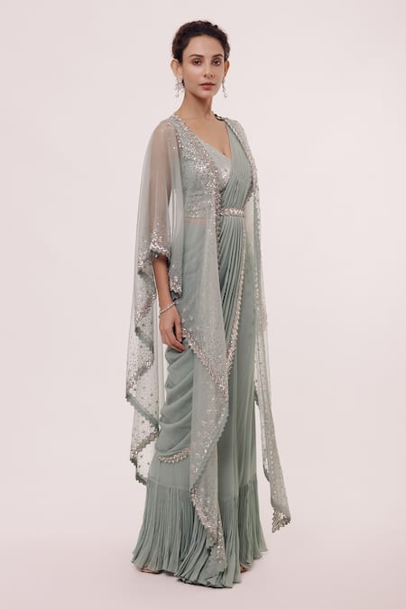 Onaya Blue Georgette Embellished Sequin V Neck Jacket And Pre-stitched Saree Set 