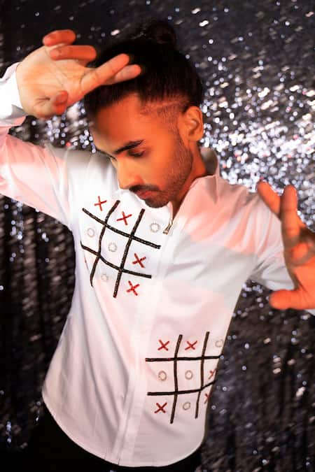 Shop_Sanjana Reddy Designs_White Cotton Embroidery Xoxo Hand Shirt _at_Aza_Fashions