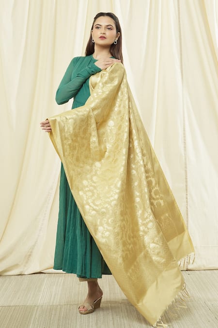 Shop_Naintara Bajaj_Beige Brocade, Silk Fringe, Zari Floral Woven Banarasi Art Dupatta_Online_at_Aza_Fashions