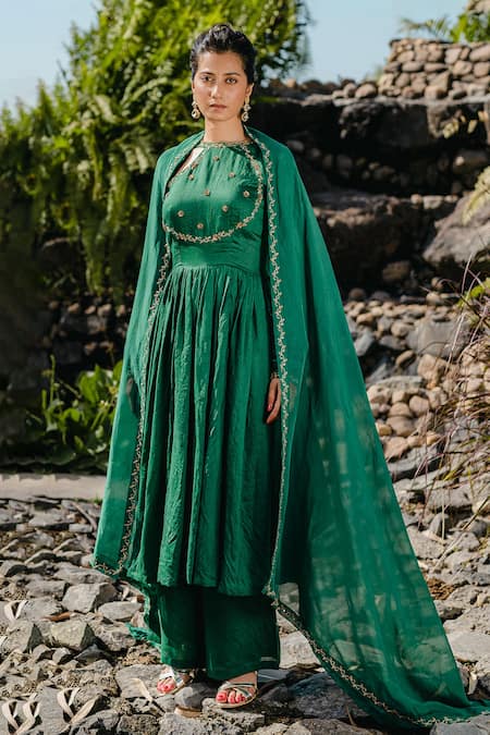 Redpine Designs Green Anarkali And Pant Chanderi Embroidery Zardozi Straight Neck Placement Set 