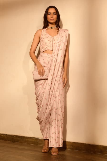 Pasha India Pink Linen Floral Halter Neck Pant Saree With Blouse 