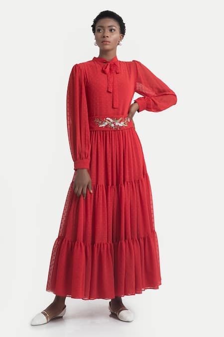 House of THL Red Chiffon Dobby Embroidery Rosalia Tiered Maxi Dress With Belt 
