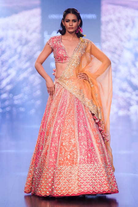 Anushree Reddy Pink Organza Embroidery Zari Deep Zahira Two Tone Bridal Lehenga Set 