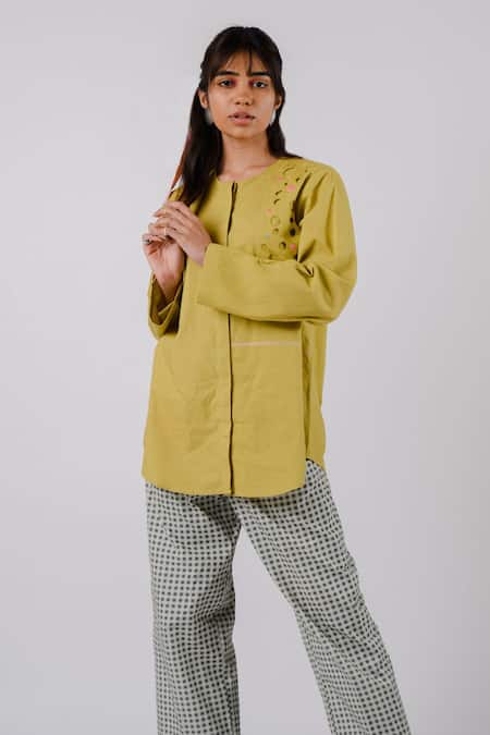 Tussah By Siddhi Shah Green Cotton Embroidery Round Neck Flap Cutwork Shirt 