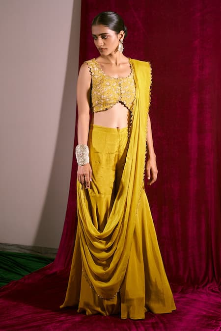 17:17 By Simmi Saboo Yellow Muslin Silk And Organza Embroidery Thread & Sharara Saree With Bustier