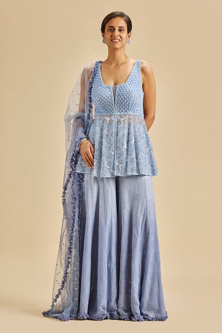 Nitika Gujral Blue Sharara Georgette And Peplum Top & Dupatta Net Embroidery & Bead Set 