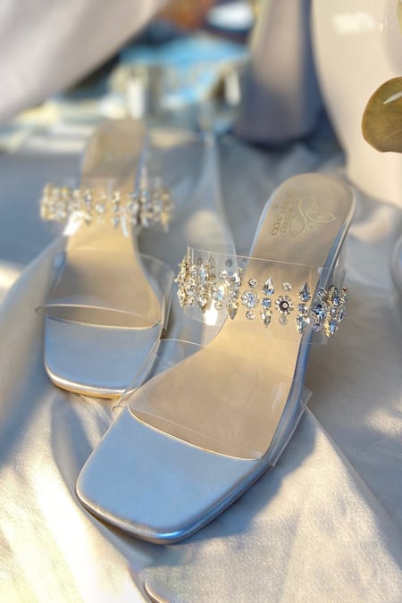 Buy Sky Blue Plain Glazed Transparent Heel Sliders by Schon Zapato