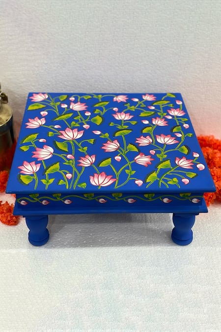 Purana Darwaza Blue Wood Hand Painted Lotus Chowki 