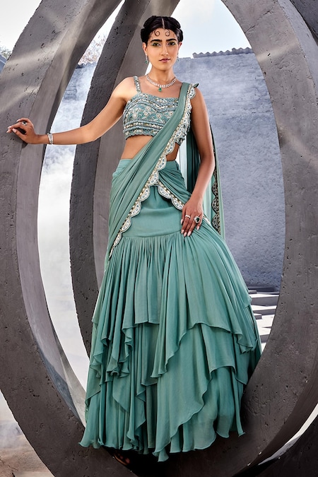 Awigna Green Georgette Embroidery Irfat Layered Pre-draped Saree With Blouse 