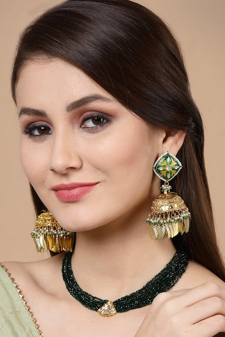 Shop Dugran By Dugristyle Cream Pearls, Stones, Embroidery Leaf Embellished Jhumkas at Aza Fashions Shop_Dugran By Dugristyle_Cream Pearls, Stones, Embroidery Leaf Embellished Jhumkas _at_Aza_Fashions