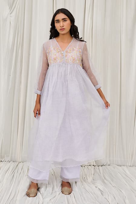 Ayaka Blue Silk Organza Embroidery V-neck Floral Dress