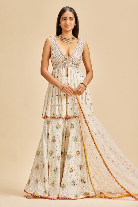Nitika Gujral Off White Top And Gharara Georgette Embroidery Resham V Neck Mirror Peplum Set