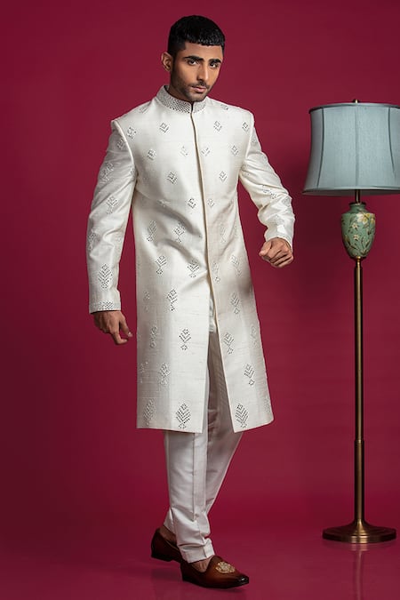 Buy Silver Raw Silk Embroidered Mirror Sherwani And Pant Set For