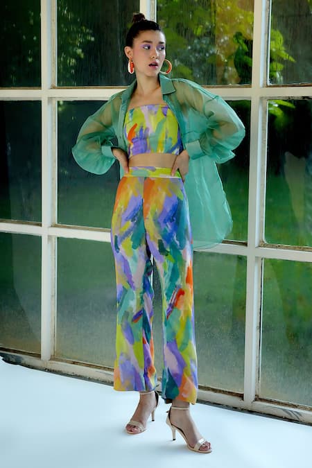 Garima Bindal Multi Color Pure Crepe Printed Abstract Shirt  Marina Sheer Flared Pant Set 