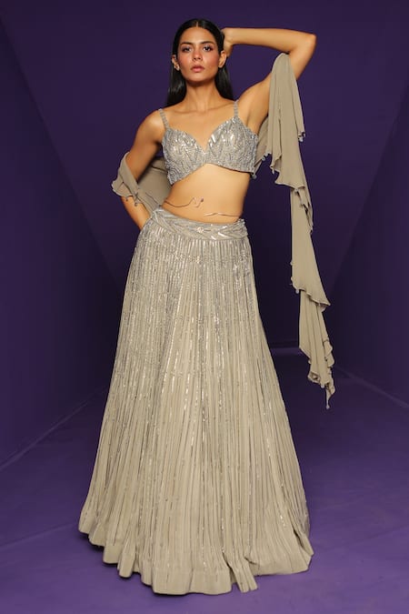 Shop_Rishi And Soujit_Beige Crepe Embellished Sequin Sweetheart Neck Stripe Lehenga Set  _at_Aza_Fashions