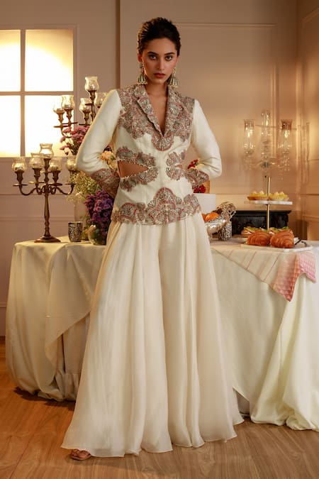 Nehha Nhata Off White Organza Embroidery Hand Blazer And Sharara Set 