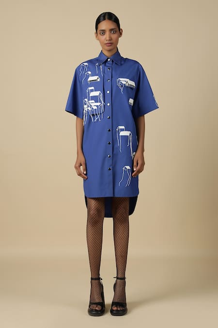 Buy Shahin Mannan Blue Cotton, Poplin Embroidery Collared Tiny House Flap Shirt Dress at Aza Fashions Buy_Shahin Mannan_Blue Cotton, Poplin Embroidery Collared Tiny House Flap Shirt Dress _at_Aza_Fashions