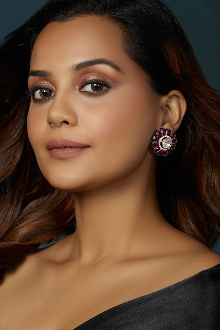 Shop Joules by Radhika Red Austrian Zircon Antique Floral Stud Earrings at Aza Fashions Shop_Joules by Radhika_Red Austrian Zircon Antique Floral Stud Earrings_at_Aza_Fashions
