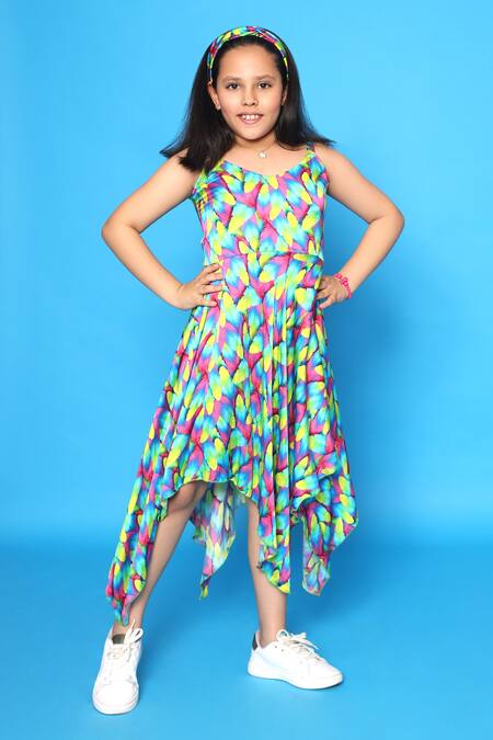 Littlecheer Multi Color Viscose, Satin Feather Print Handkerchief Dress