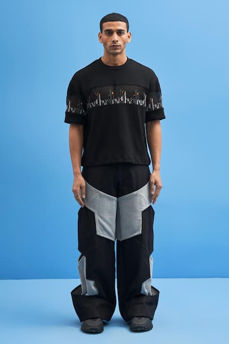 Siddhant Agrawal Black Georgette, Rib Coastline Embroidered T-shirt 