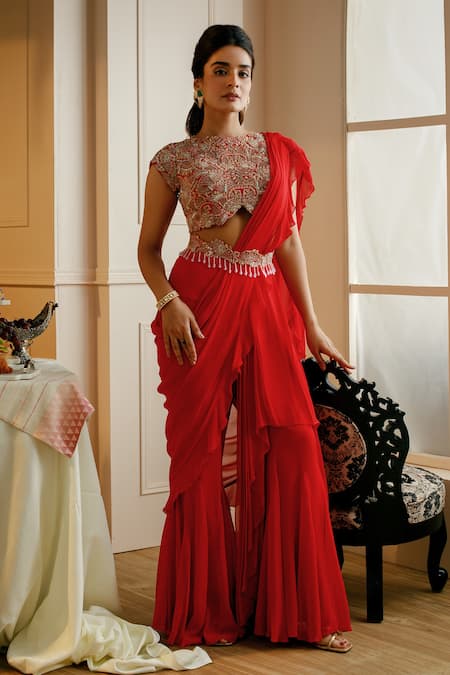 Shop Latest Farewell Ready Red Sequence Saree - Ethnic Race