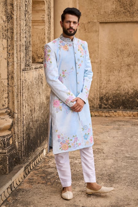 LASHKARAA Blue Velvet Printed Tropical Sherwani Set 