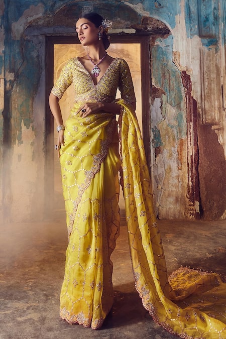 Buy Yellow Saree Organza And Blouse Chanderi Facing Embroidered