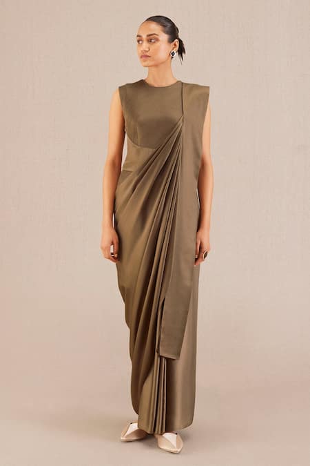 AMPM Brown Silk Blend Round Ila Neck Saree Gown 