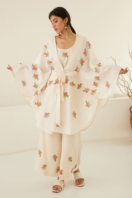 Shop Cotton And Clay White Chanderi, Modal Embroidery Hand Block Print Kimono Top Flared Pant Set Shop_Cotton And Clay_White Chanderi, Modal Embroidery Hand Block Print Kimono Top Flared Pant Set