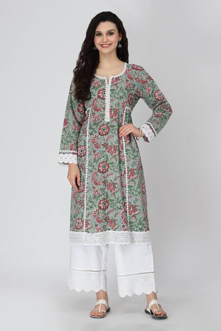 Shetab Kazmi Green Cotton Printed Kurta And Palazzo Set