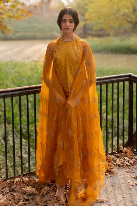 Nirjara_Yellow , Silk, , Embroidery Shalimar Kurta And Pant Set _Online_at_Aza_Fashions