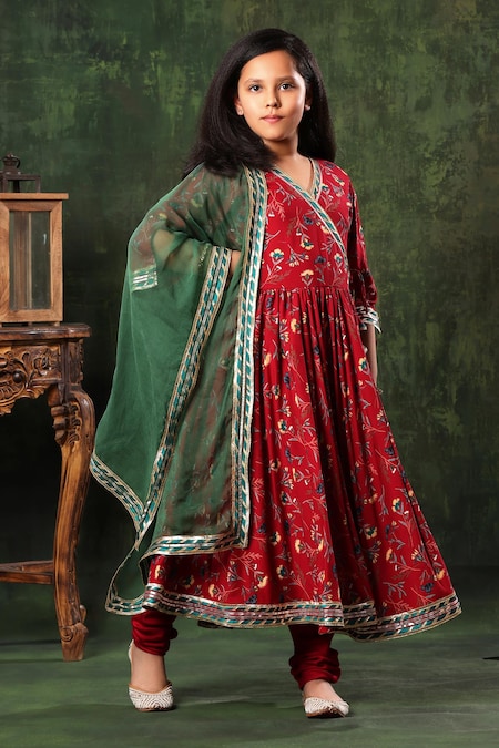 LittleCheer Red Kurta Viscose Cotton Printed Anarkali Set With Contrast Dupatta 