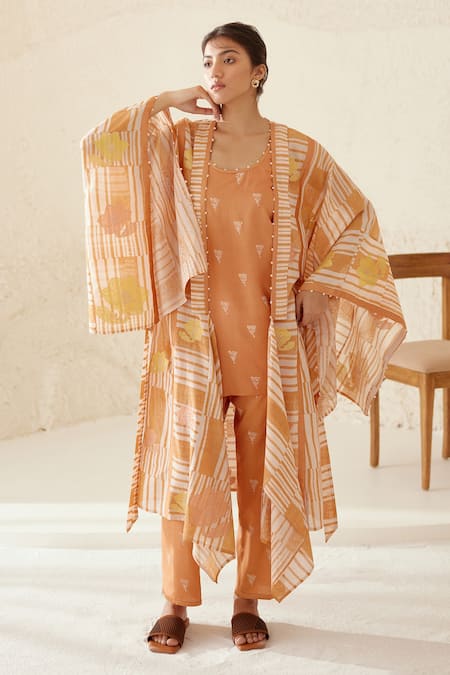 Cotton And Clay_Orange Modal, Silk Embroidery, Patchwork Chanderi Printed Kimono Trouser Set _at_Aza_Fashions