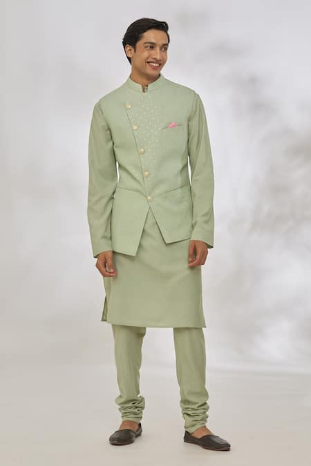 Manish Nagdeo Green Cotton, Silk Mint Geometric Bundi And Kurta Set
