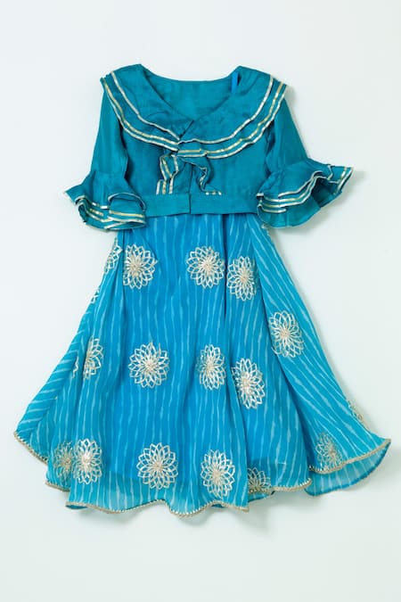 Shop Shruti Jalan Blue Cotton, Georgette, Crepe Gota Patti, Embroidery Lehenga And Ruffled Shirt Set at Aza Fashions Shop_Shruti Jalan_Blue Cotton, Georgette, Crepe Gota Patti, Embroidery Lehenga And Ruffled Shirt Set _at_Aza_Fashions