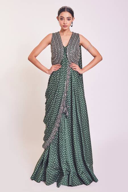 Onaya Green Satin Geometric Print Saree Gown