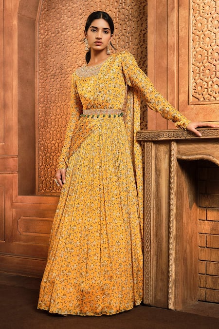 Aneesh Agarwaal Calico Flower Print Draped Anarkali With Belt 