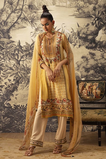 Kalista Yellow Crepe, Georgette Embroidery, Cut Work, Asmee Printed Straight Kurta Set 