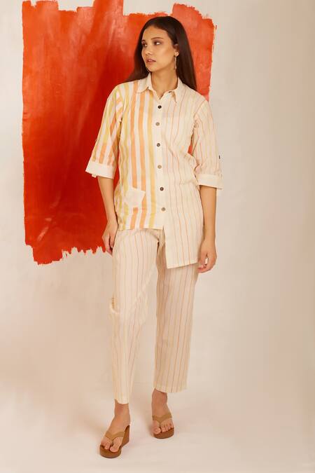 Buy Banana Labs White Cotton Hand Block Print Striped Collared Neck Zesty Shirt at Aza Fashions Buy_Banana Labs_White Cotton Hand Block Print Striped Collared Neck Zesty Shirt_at_Aza_Fashions