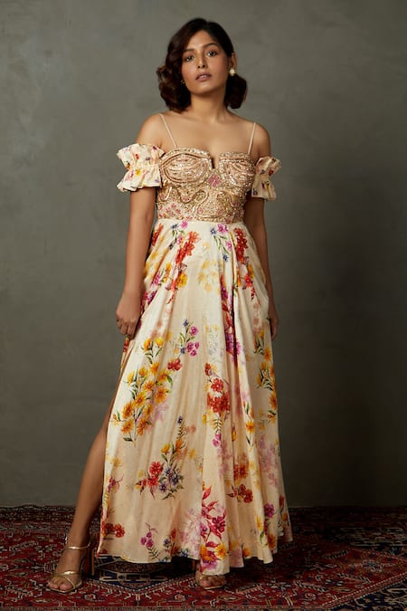 RI.Ritu Kumar Floral Print & Embroidered Gown 