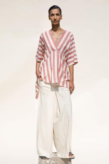 Urvashi Kaur Red Handloom Cotton V-neck Palmera Stripe Pattern Top