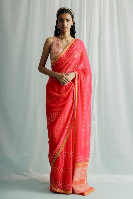 Surbhi Gupta Siah Geometric Block Print Saree With Blouse 