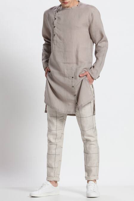 Buy Son Of A Noble Snob Grey Linen Kurta at Aza Fashions Buy_Son Of A Noble Snob_Grey Linen Kurta_at_Aza_Fashions