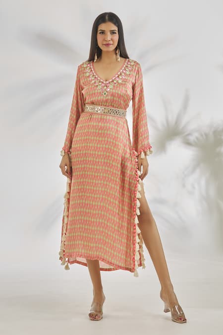 Gopi Vaid Pink Satin Print Thread V Neck Rahat Abstract Kaftan