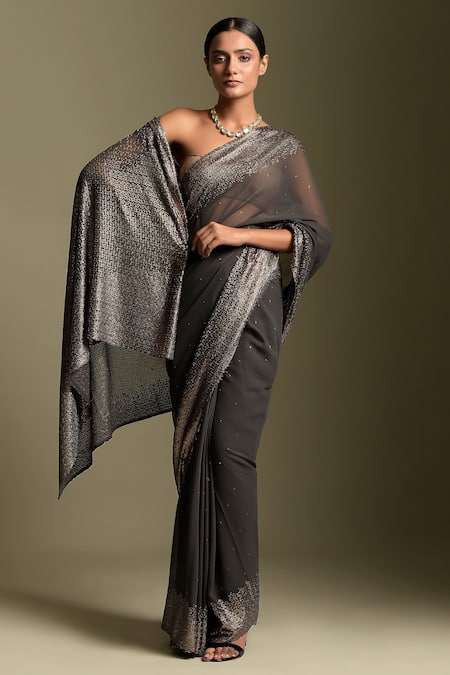 Two Sisters By Gyans Grey Georgette Two Toned Saree With Unstitched Blouse Piece 