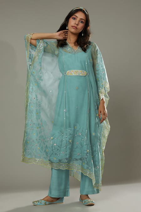 Buy_I Am Design_Blue Silk Organza Floral Appliques, Sequins Peppermint Candy Kaftan And Pant Set _Online_at_Aza_Fashions