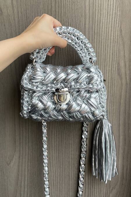 Shop Bijit Silver Braided Metallic Sling Bag at Aza Fashions Shop_Bijit_Silver Braided Metallic Sling Bag _at_Aza_Fashions