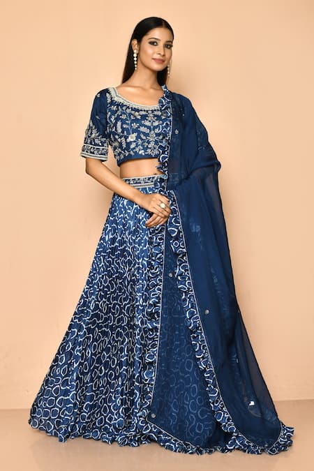 Samyukta Singhania Blue Satin Georgette Printed Geometrical Round Lehenga Set