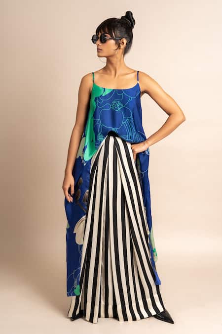 Nupur Kanoi Blue Satin Digital Print Striped And Singlet Top & Lungi Skirt Set 